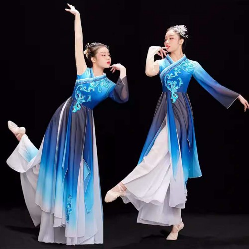 Blue gradient Chinese folk Classical dance costumes hanfu for women elegant Chinese style Fan umbrella Dance dresses Modern Dance Umbrella Dance wear for female